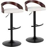 Grotto Adjustable Swivel Bar Stool in Black Metal, Cherry Wood & White Leatherette (Set of 2)